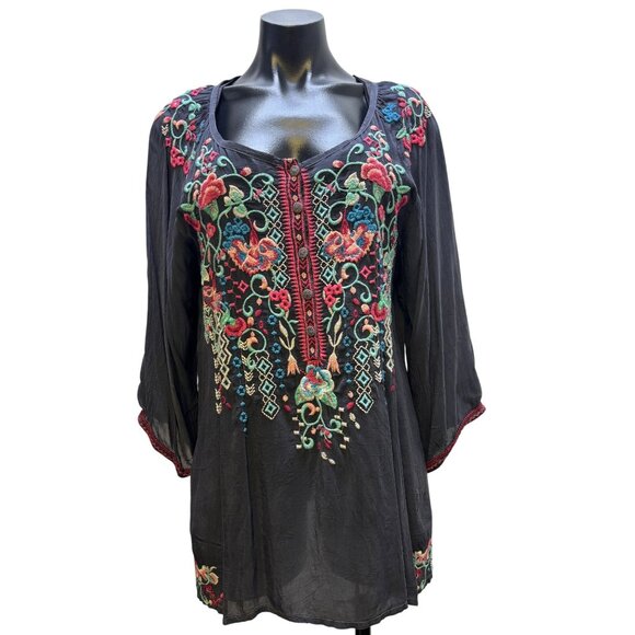 Johnny Was Embroidered Blouse Gray Multicolor L - Picture 1 of 6